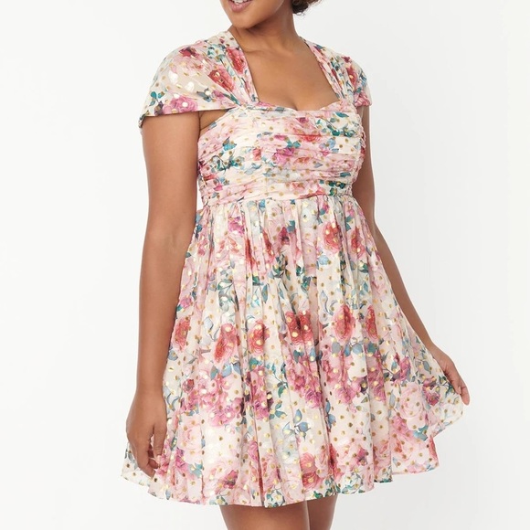 Unique Vintage Dresses & Skirts - NWT Unique Vintage Pink Floral & Gold Dots Heart & Soul Babydoll Dress
